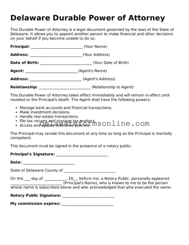 Fillable Durable Power of Attorney Document for the State of Delaware