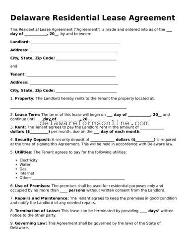 Fillable Residential Lease Agreement Document for the State of Delaware
