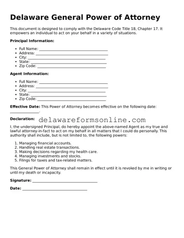 Fillable General Power of Attorney Document for the State of Delaware