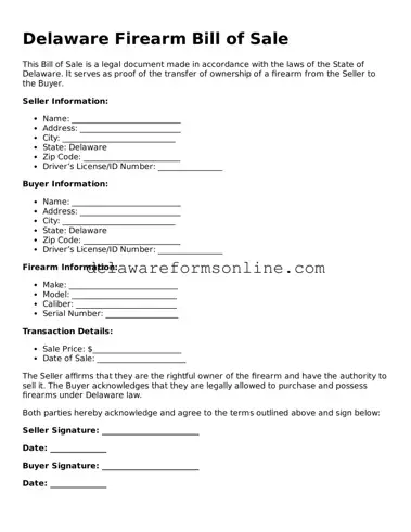 Fillable Firearm Bill of Sale Document for the State of Delaware