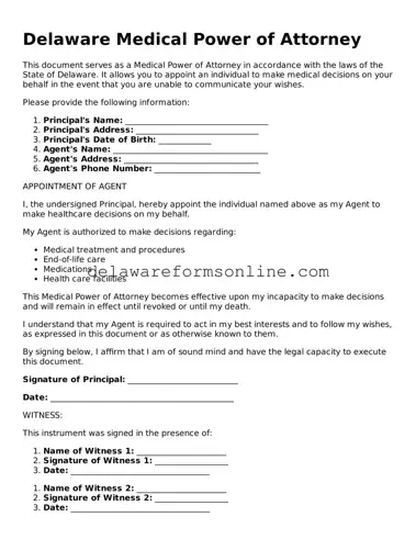 Fillable Medical Power of Attorney Document for the State of Delaware