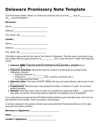 Fillable Promissory Note Document for the State of Delaware