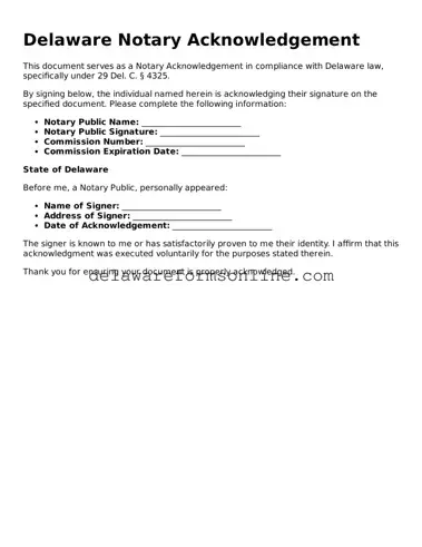 Fillable Notary Acknowledgement Document for the State of Delaware