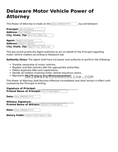Fillable Motor Vehicle Power of Attorney Document for the State of Delaware
