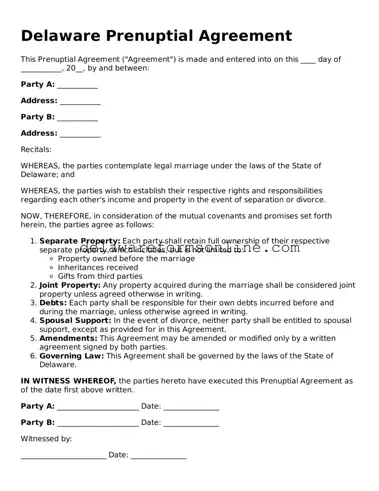 Fillable Prenuptial Agreement Document for the State of Delaware
