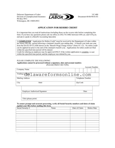 Official Delaware Uc 400 Form in PDF